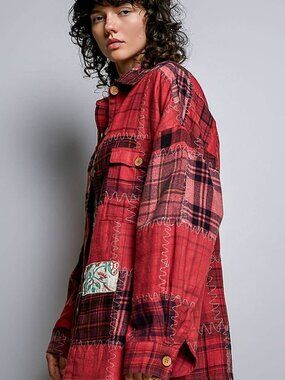 POL NWT Vintage Oversized Red Plaid Patchwork Stitch Button-Down Flannel Shirt